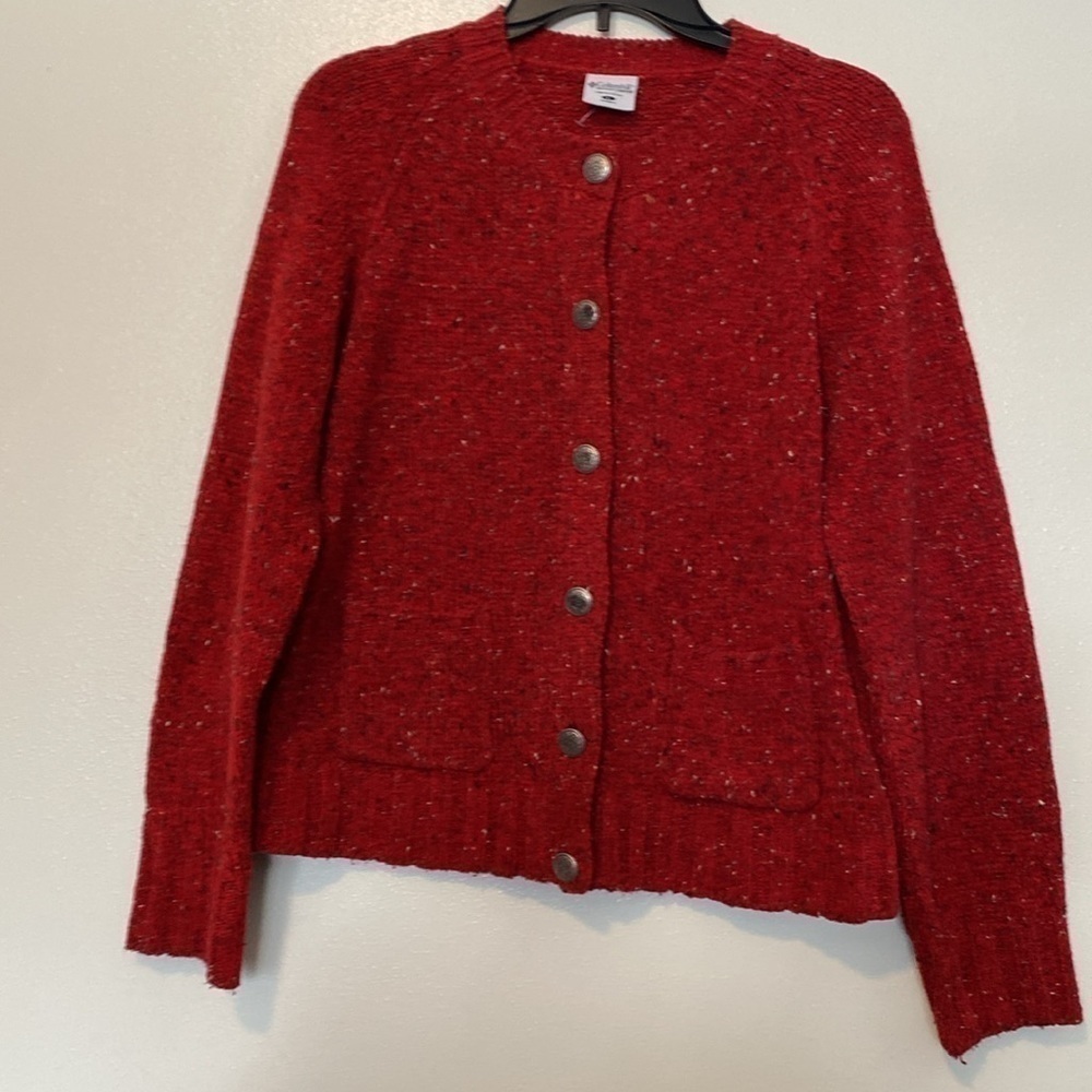 Columbia wool blend red speckled full button down cozy pocket sweater la… - Picture 4 of 10